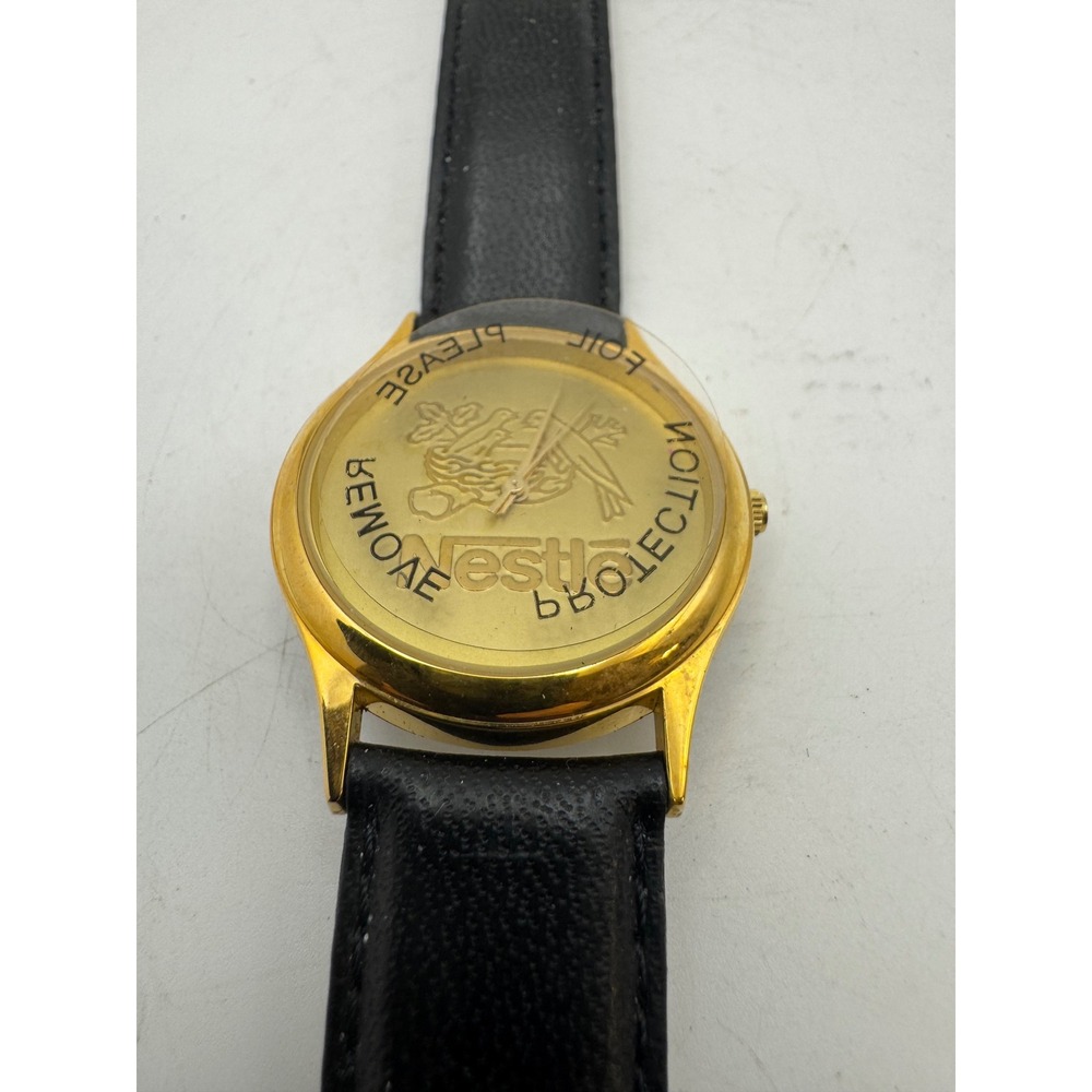Vintage Nestle‎ Gold Tone Quartz Watch Black Leather Strap Promotional Item